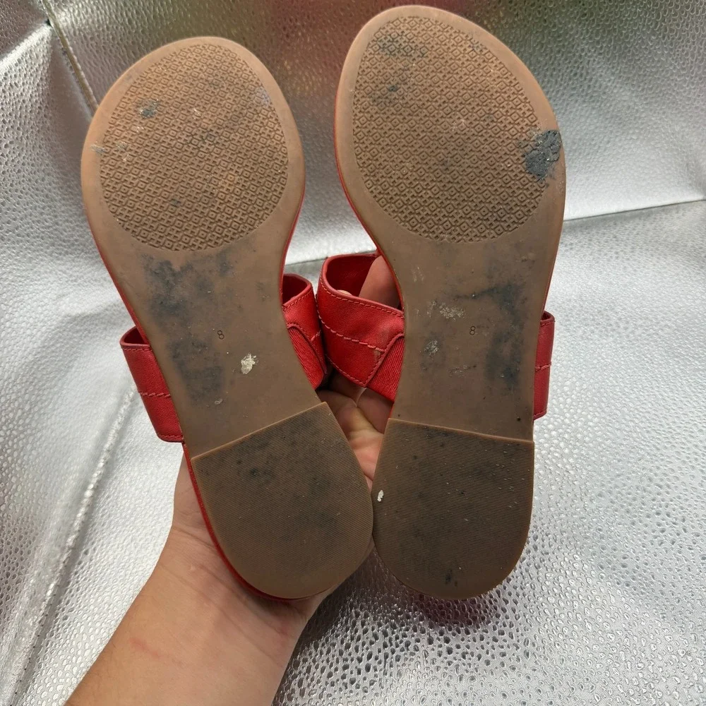 Size 8 Tory Burch Everly Womens Brilliant Red Leather Backless Flat Thong Sandal